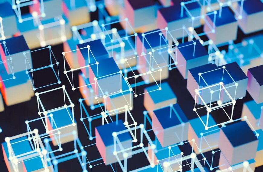 Цветные блоки и линии, символизирующие технологическую сеть или блокчейн.