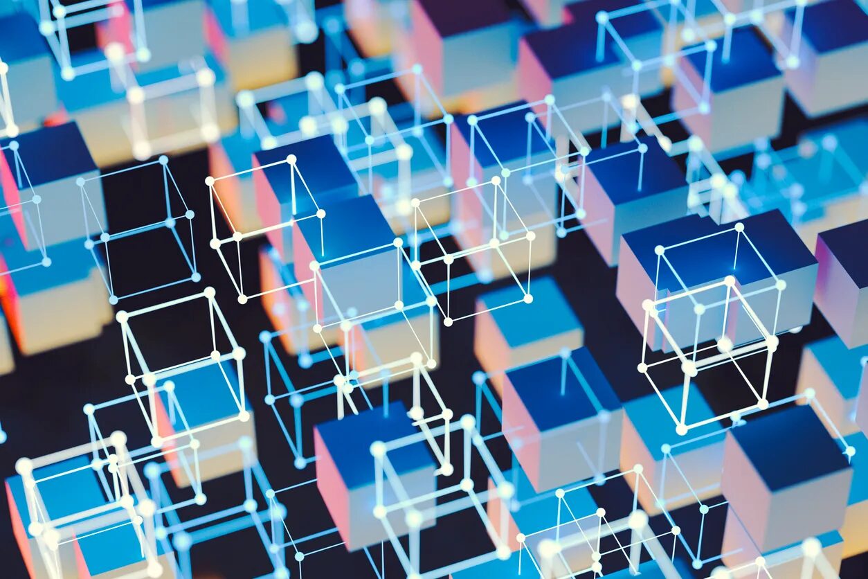 Цветные блоки и линии, символизирующие технологическую сеть или блокчейн.