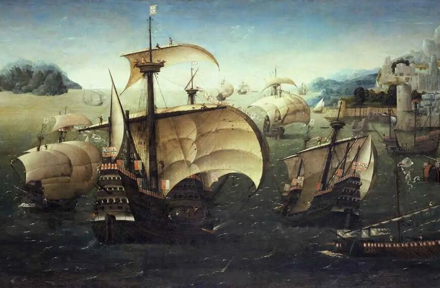 Флотилия парусников у средиземноморского побережья на старинной картине.