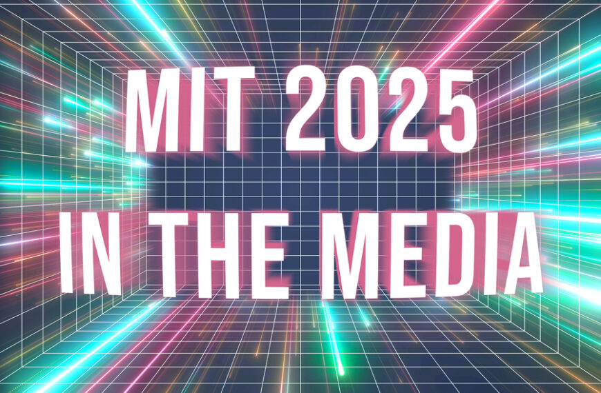Текст "MIT 2025 in the Media" на фоне цифровой сетки и световых эффектов.