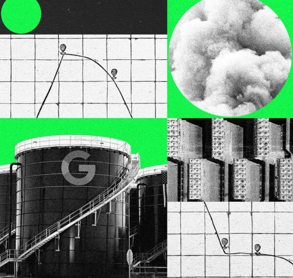 Коллаж с промышленными резервуарами, графиками и облаками на зеленом фоне.