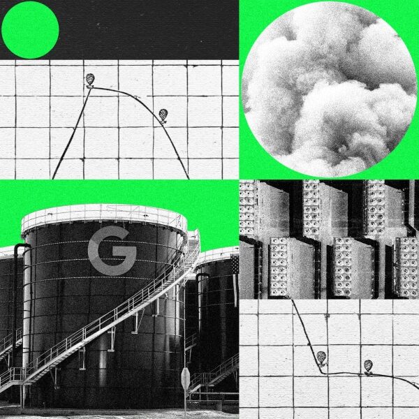 Коллаж с промышленными резервуарами, графиками и облаками на зеленом фоне.