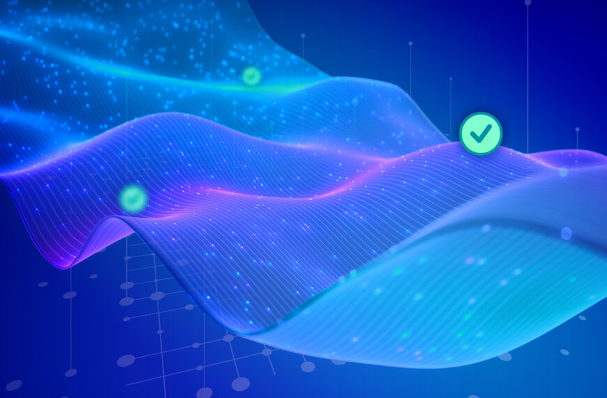 Абстрактные волны с цифровыми элементами и галочкой на синем фоне.