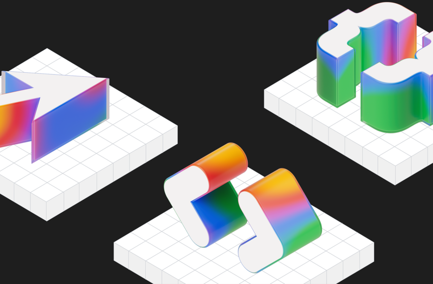 Абстрактные разноцветные 3D-фигуры на белых подставках с сеткой на чёрном фоне.