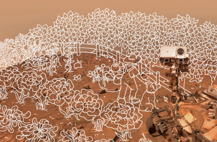 Марсоход на Красной планете с нарисованными цветами и садом, Марс и природа.