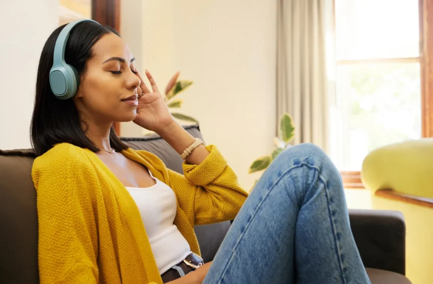 Человек в наушниках расслабляется на диване, одет в жёлтый кардиган и джинсы.