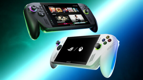 Две портативные игровые консоли ROG черного и белого цвета на фоне светового градиента.