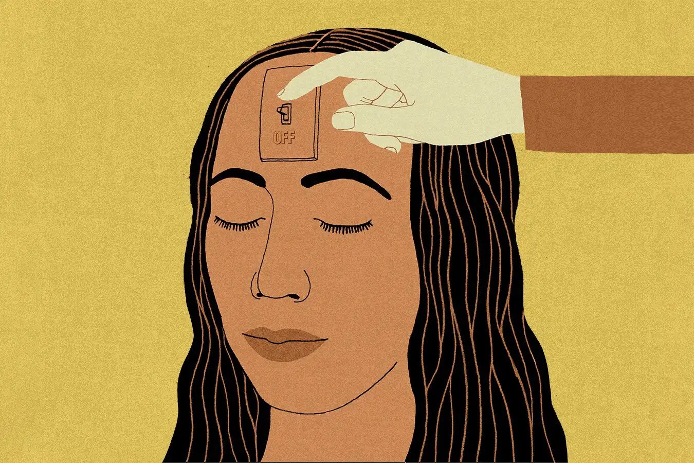 Иллюстрация с длинными волосами и рукой на фоне землисто-желтого цвета.