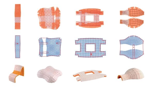 Деревянные 3D-структуры, разные формы: плоские, изогнутые, оранжевые и синие детали.