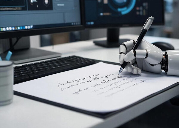 Робот пишет ручкой текст на бумаге рядом с компьютерной клавиатурой и мониторами.