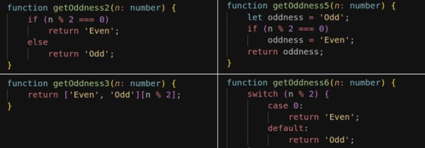 Четыре функции на TypeScript для определения четности числа.