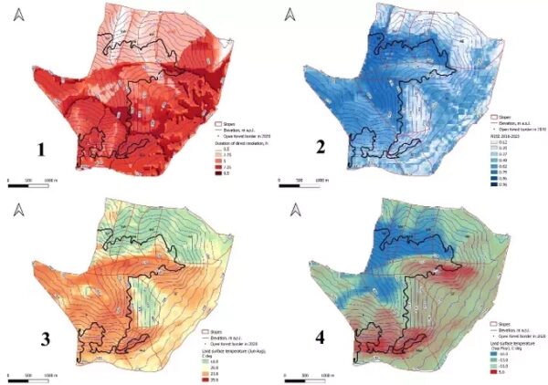 Четыре карты с цветовой индикацией температуры почвы и влажности.