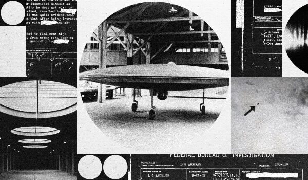 Чёрно-белое изображение НЛО, документы и схемы, связанные с исследованиями космических объектов.