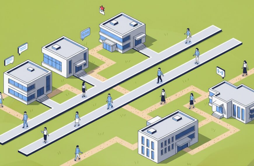 Иллюстрация с людьми и современными зданиями на улицах, общение через гаджеты.