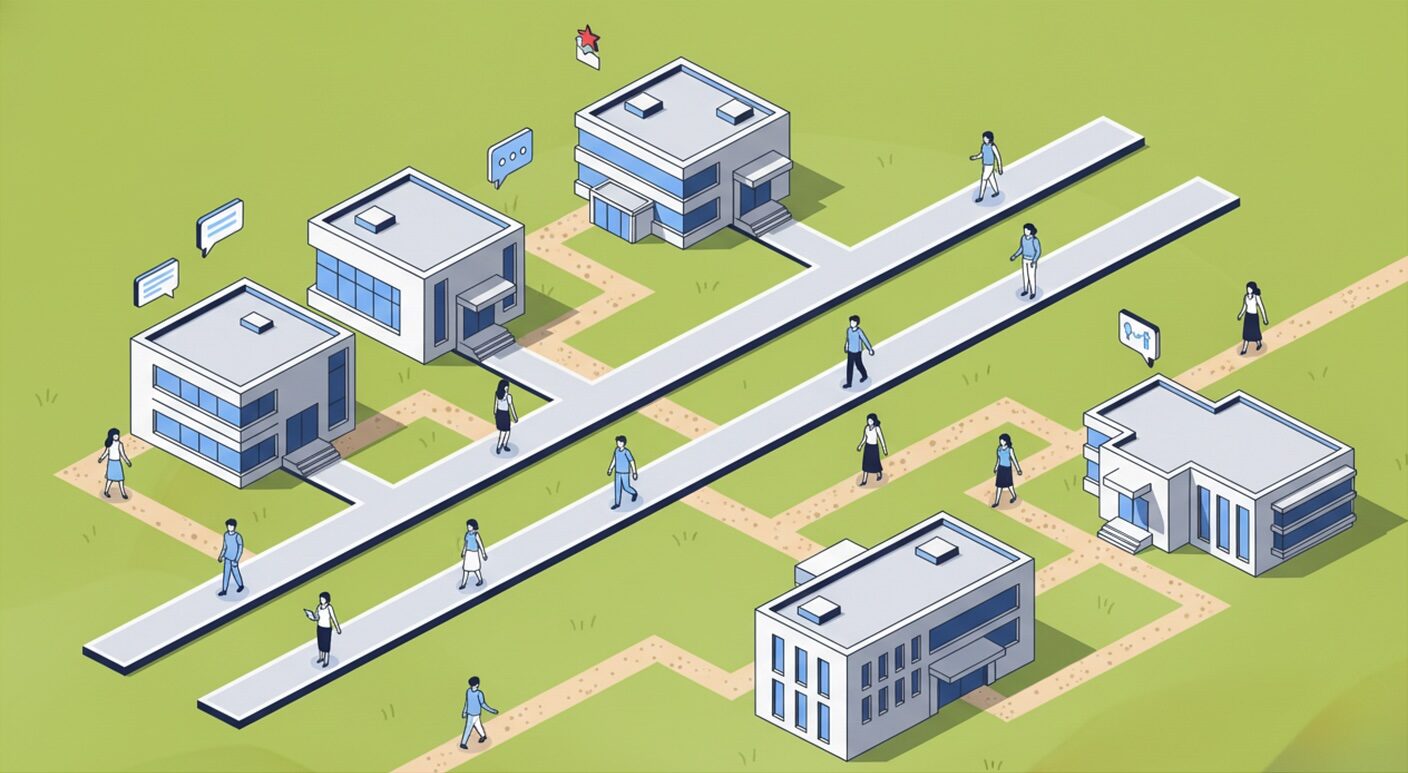 Иллюстрация с людьми и современными зданиями на улицах, общение через гаджеты.