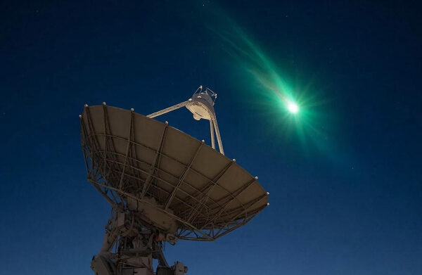 Спутниковая антенна в ночи с зелёной кометой в небе.