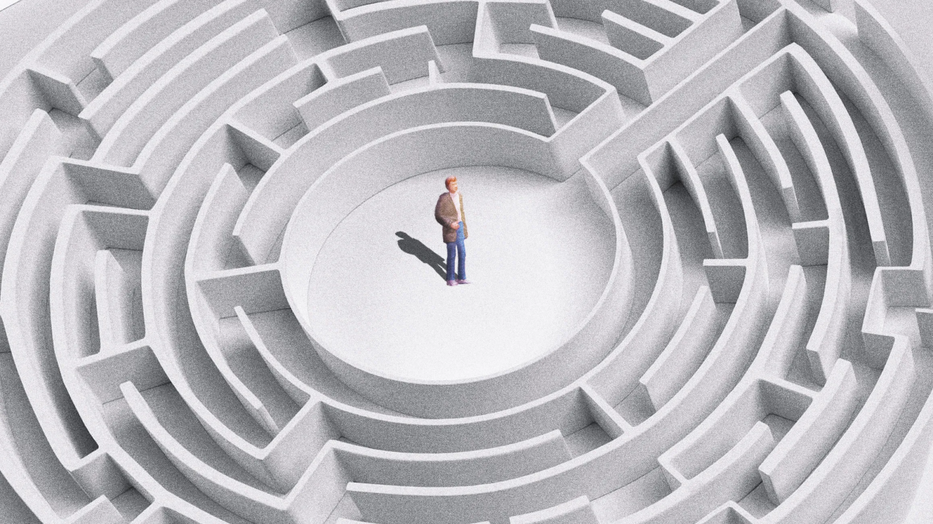 Человек в центре кругового лабиринта, серые стены, светлый фон.