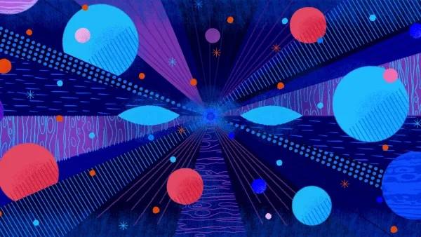 Абстрактные геометрические формы на синем фоне, разноцветные круги и линии.