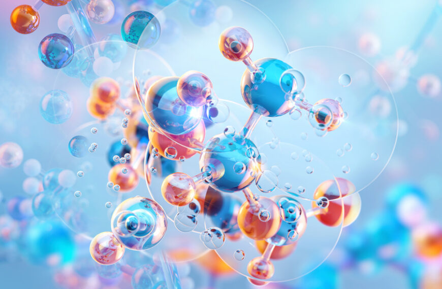 Молекулы под микроскопом, научная иллюстрация с синими и оранжевыми сферами.