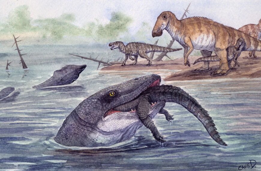 Динозавры у водоема и хищник с добычей в пасти, доисторическая жизнь.