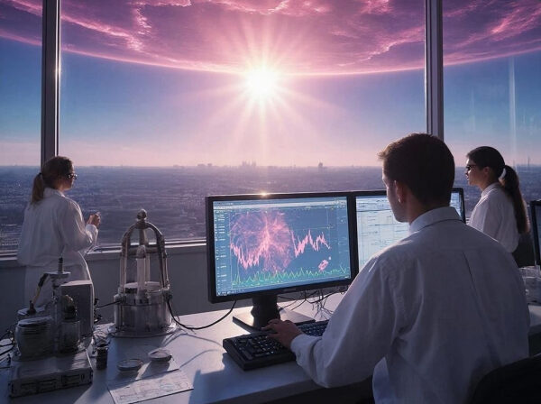 Лаборатория с людьми за компьютером, наблюдающими аномалию на небе через большое окно.