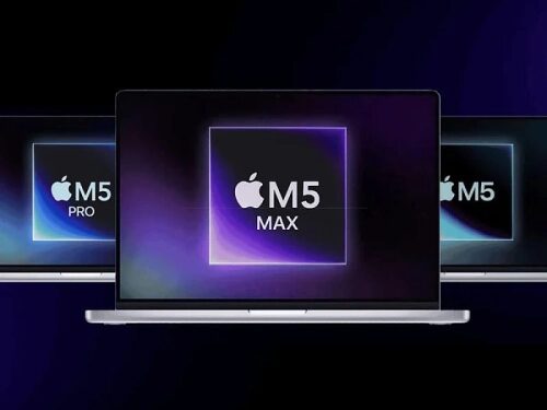 Ноутбуки с процессорами Apple M5 Max и M5 Pro на тёмном фоне.