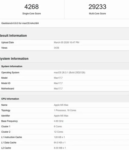 Apple M5 Max продемонстрировал возможности центральных и графических ядер в Geekbench