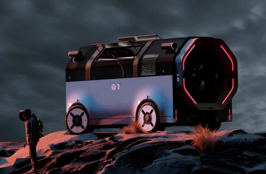 Футуристический транспорт на каменистой местности с человеком в скафандре.