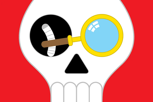 Череп на красном фоне с моноклем и бинтом на глазу.