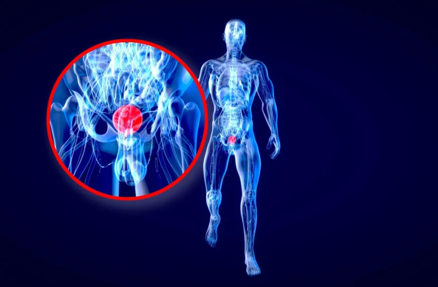 Медицинская иллюстрация мужской анатомии с увеличением простаты.