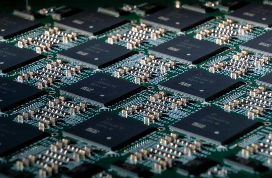Компьютерные микрочипы на зеленой печатной плате, вид в перспективе.