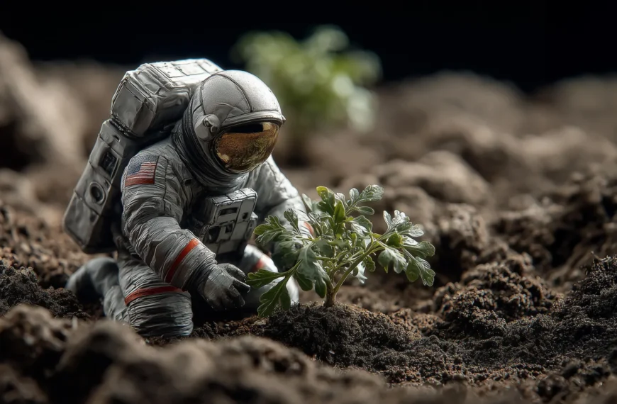 Астронавт в скафандре ухаживает за растением на инопланетной почве.