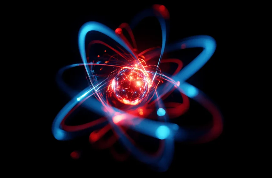Абстрактное изображение атома с орбиталями на черном фоне.