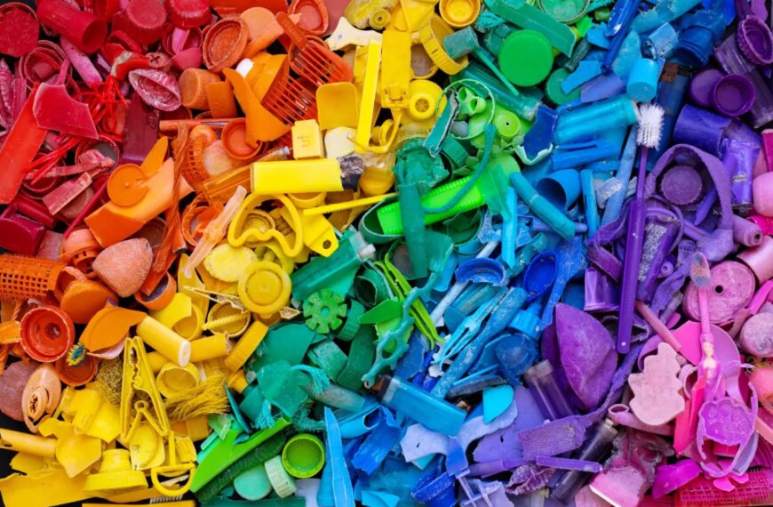 Пластиковые отходы, выложенные в радугу для сортировки и переработки.