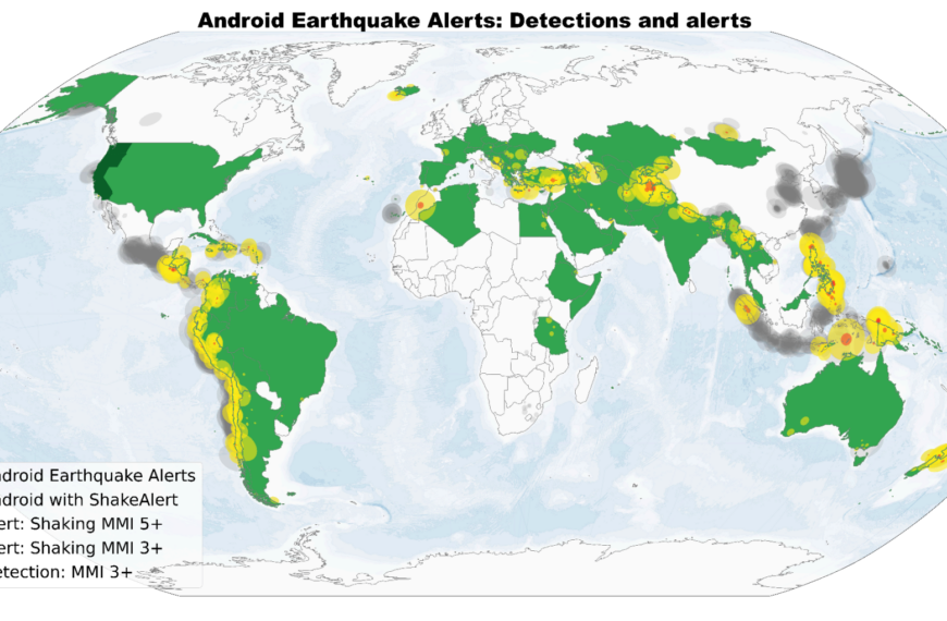 Карта оповещений о землетрясениях Android: зоны обнаружения и предупреждений.