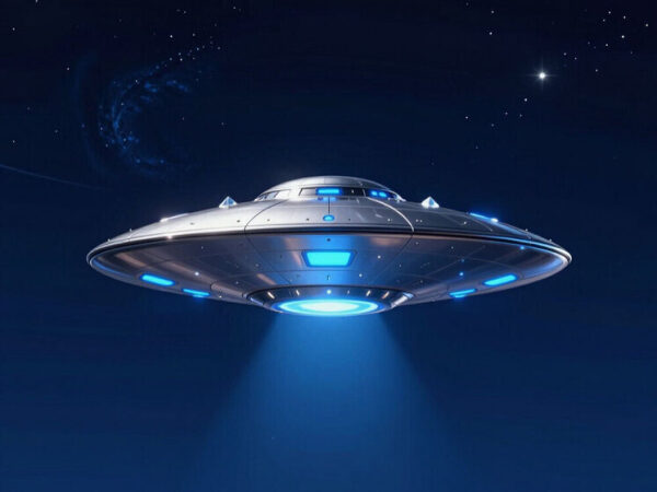 Летающая тарелка в ночном небе с синей подсветкой, напоминающая НЛО.