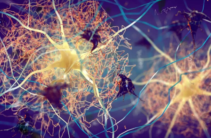 Абстрактное изображение нейронов мозга с синапсами, соединяющими клетки.