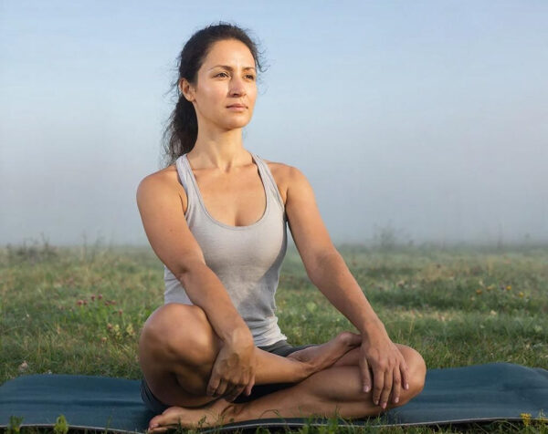Женщина занимается йогой на открытом воздухе в позе лотоса, на фоне природы.