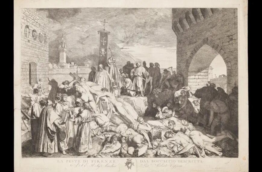 Иллюстрация Боккаччо о чуме во Флоренции: сцены эпидемии и хаоса в городе.