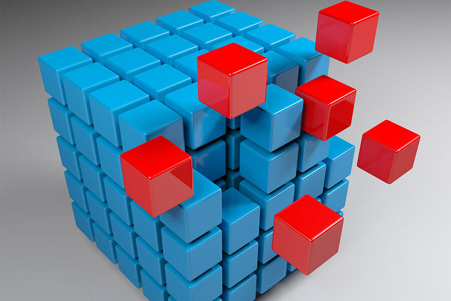 Синие и красные кубы, разлетающиеся от центрального куба, абстрактное изображение 3D.