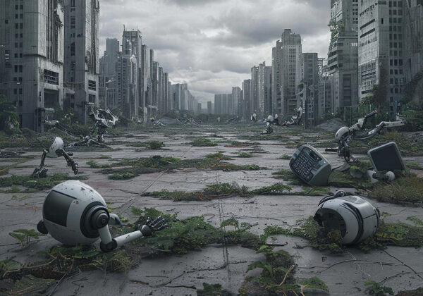 Постапокалиптический город с разрушенными роботами и растительностью.