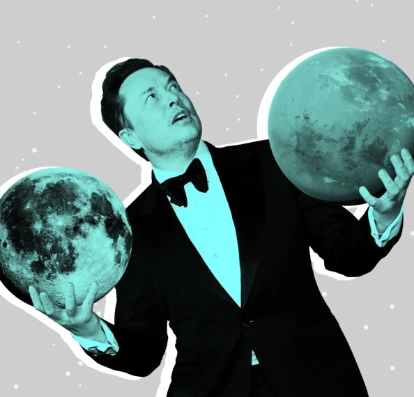 Человек в смокинге держит планеты Земля и Марс, символизируя космические достижения.