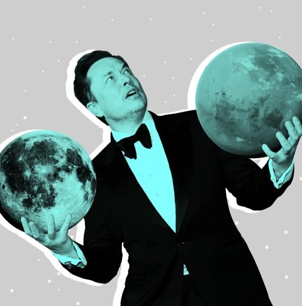 Человек в смокинге держит планеты Земля и Марс, символизируя космические достижения.