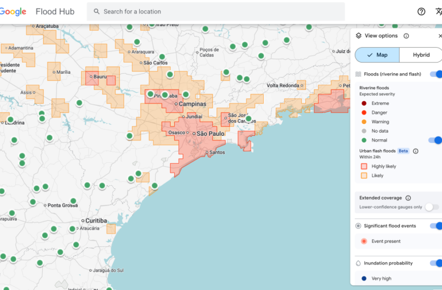 Карта прогнозов наводнений в районе Сан-Паулу с пометками опасности.