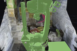 3D-сканирование помещения с коробками и зеленым оборудованием в центре.