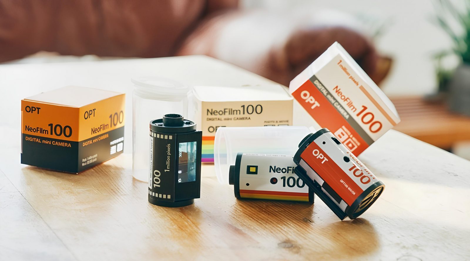 Пленка NeoFilm 100 на деревянном столе в окружении упаковок.