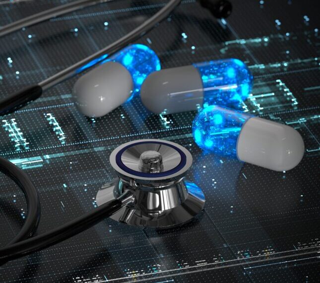 Стетоскоп и синие капсулы на фоне цифровых технологий.