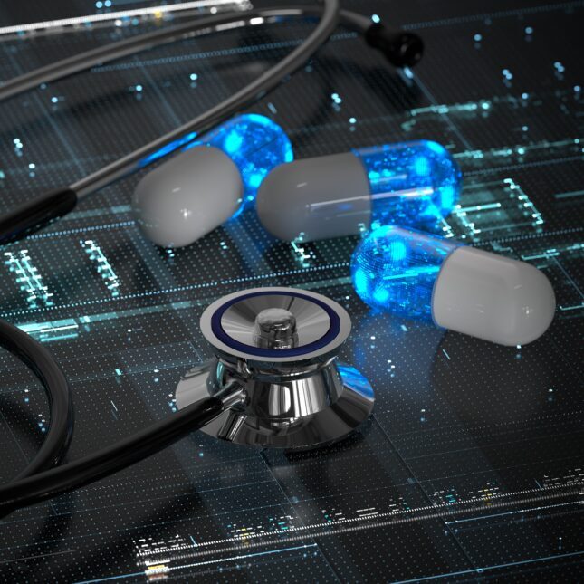 Стетоскоп и синие капсулы на фоне цифровых технологий.