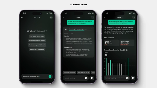 Три скриншота платформы Jade от Ultrahuman, использующей искусственный интеллект.