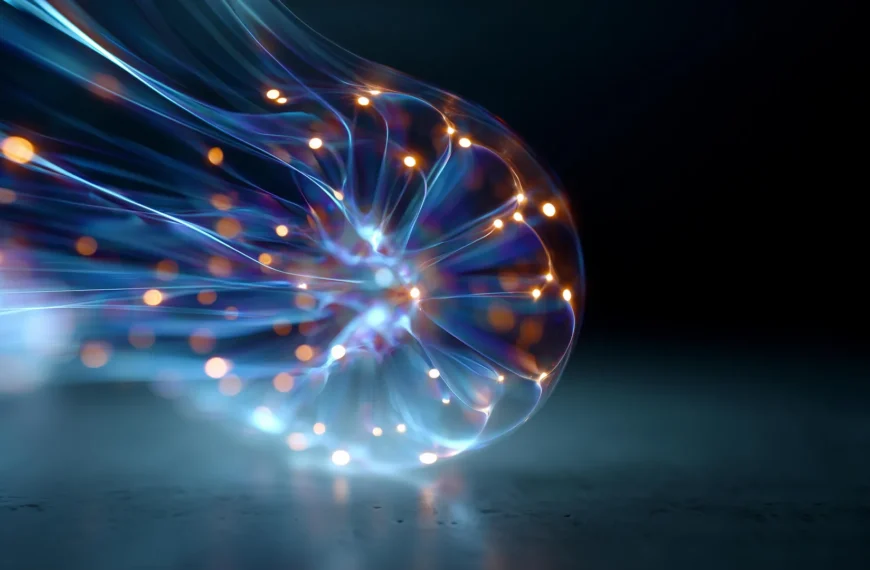 Абстрактное изображение светящихся линий и точек на тёмном фоне.